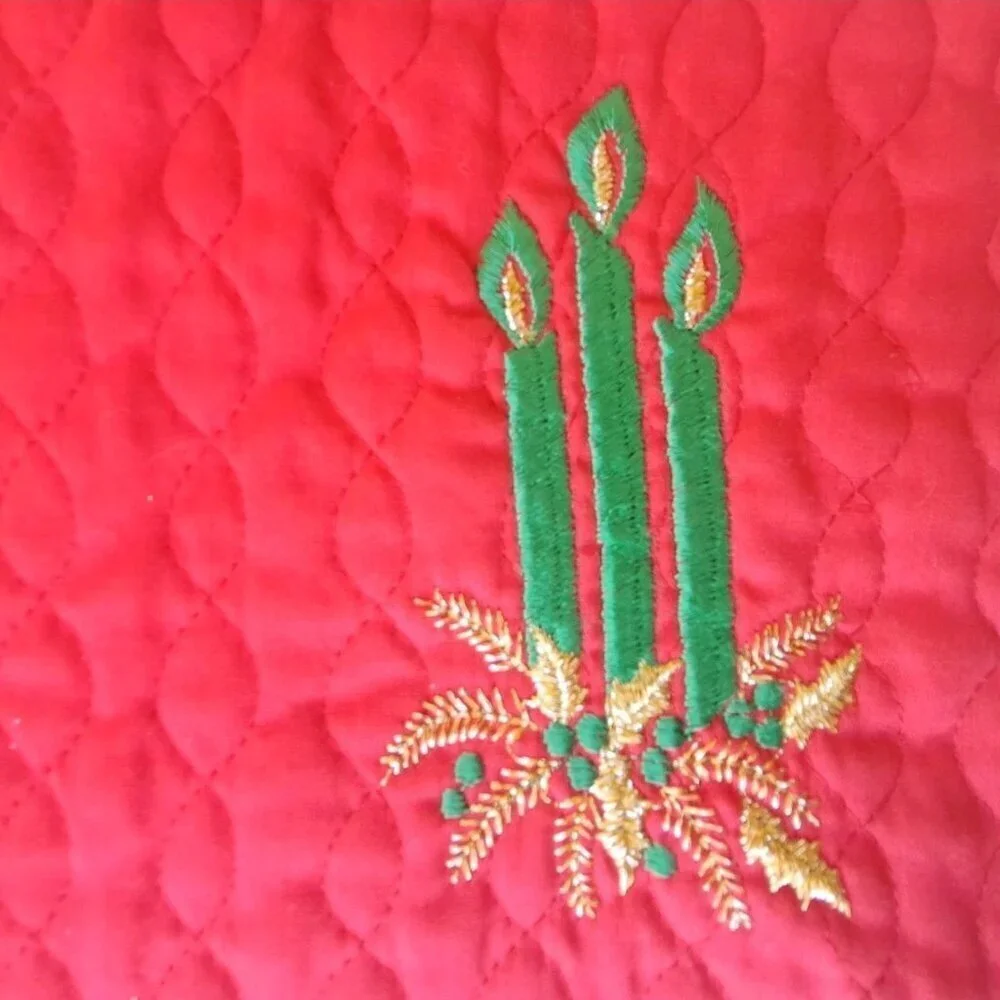 Set Of Two Unbranded Red Quilted Placemats Green Embroidered Candles